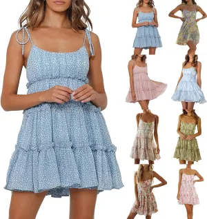 Babydoll Dress for Women Chiffon Spaghetti Strap Backless Floral Mini Dress Flowy Summer Tiered Ruffle Sundress