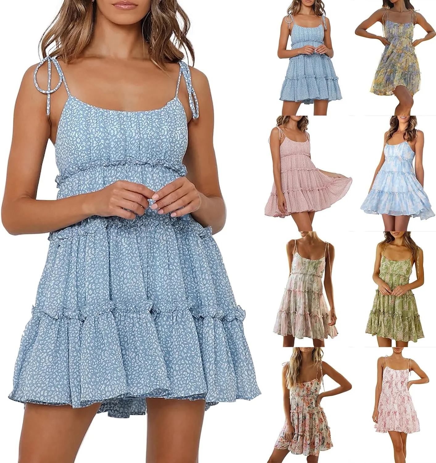 Babydoll Dress for Women Chiffon Spaghetti Strap Backless Floral Mini Dress Flowy Summer Tiered Ruffle Sundress