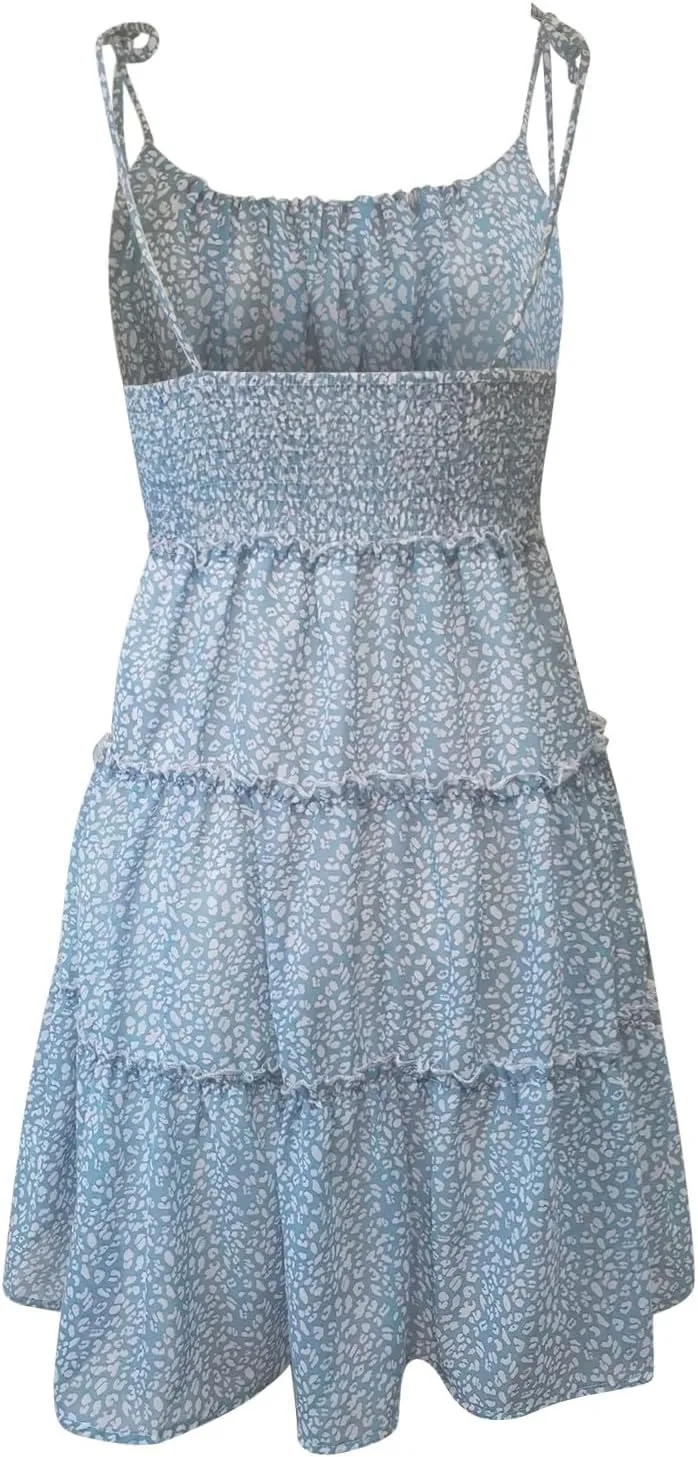 Babydoll Dress for Women Chiffon Spaghetti Strap Backless Floral Mini Dress Flowy Summer Tiered Ruffle Sundress