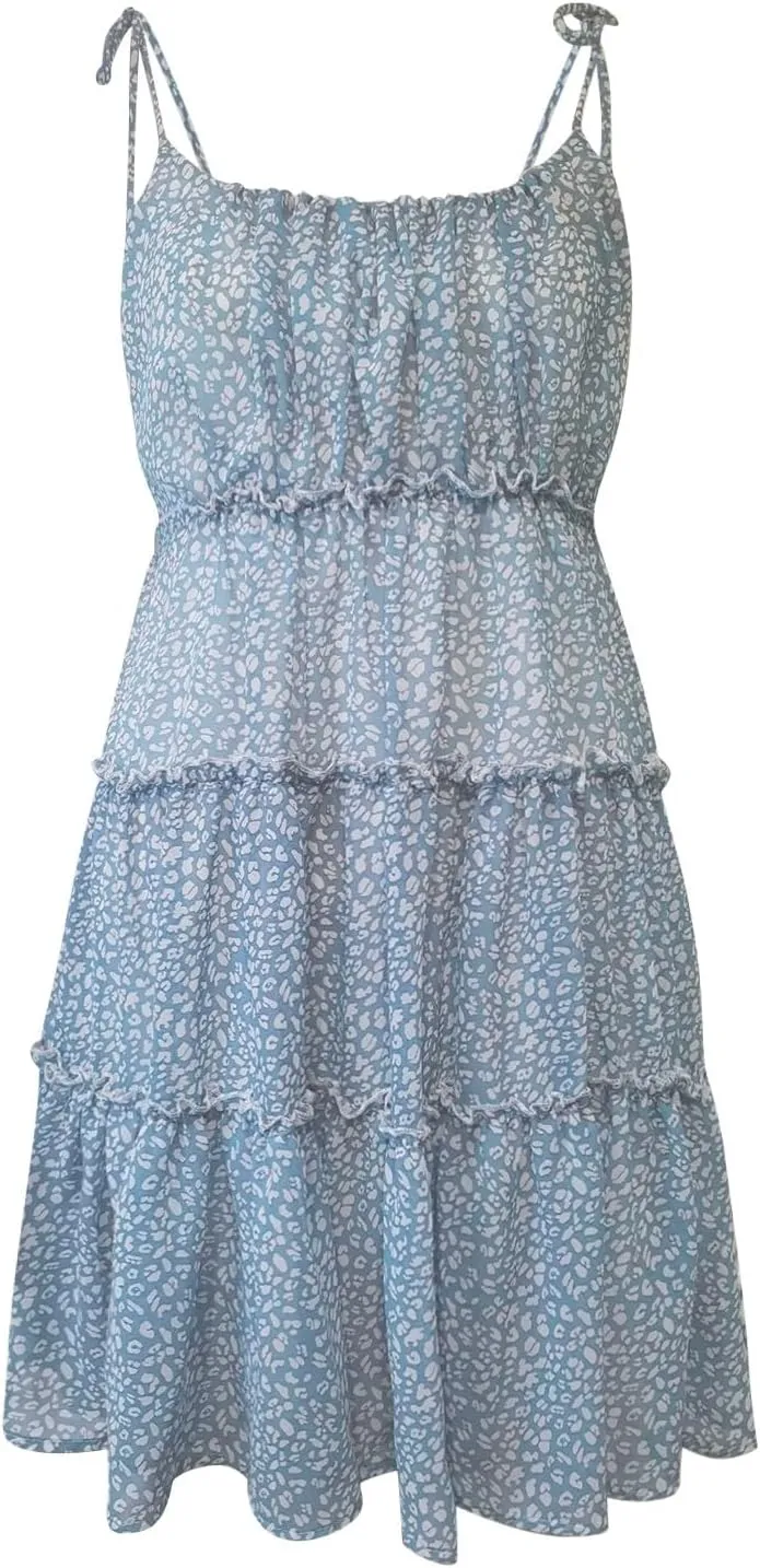 Babydoll Dress for Women Chiffon Spaghetti Strap Backless Floral Mini Dress Flowy Summer Tiered Ruffle Sundress