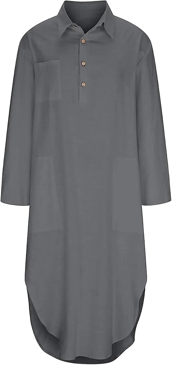 Beach Dress for Women Cotton Linen Flowy Summer Maxi Dresses 3/4 Sleeve V Neck Vacation Shirt Sundress with Pockets