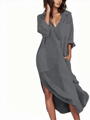 Beach Dress for Women Cotton Linen Flowy Summer Maxi Dresses 3/4 Sleeve V Neck Vacation Shirt Sundress with Pockets