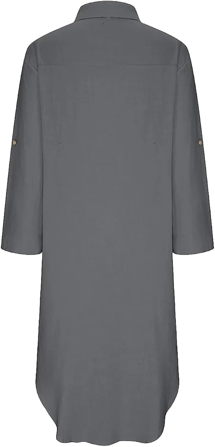 Beach Dress for Women Cotton Linen Flowy Summer Maxi Dresses 3/4 Sleeve V Neck Vacation Shirt Sundress with Pockets