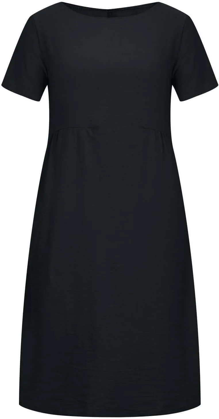 Beach Dresses for Women 2025 Vacation Summer Short Sleeve Cotton Linen Midi Dress Flowy Dresses Shirt Dress with Pocket