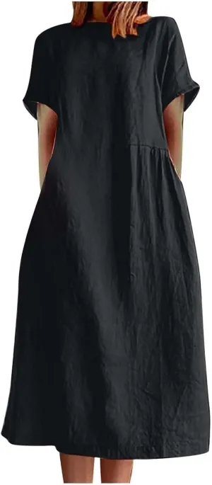 Beach Dresses for Women 2025 Vacation Summer Short Sleeve Cotton Linen Midi Dress Flowy Dresses Shirt Dress with Pocket