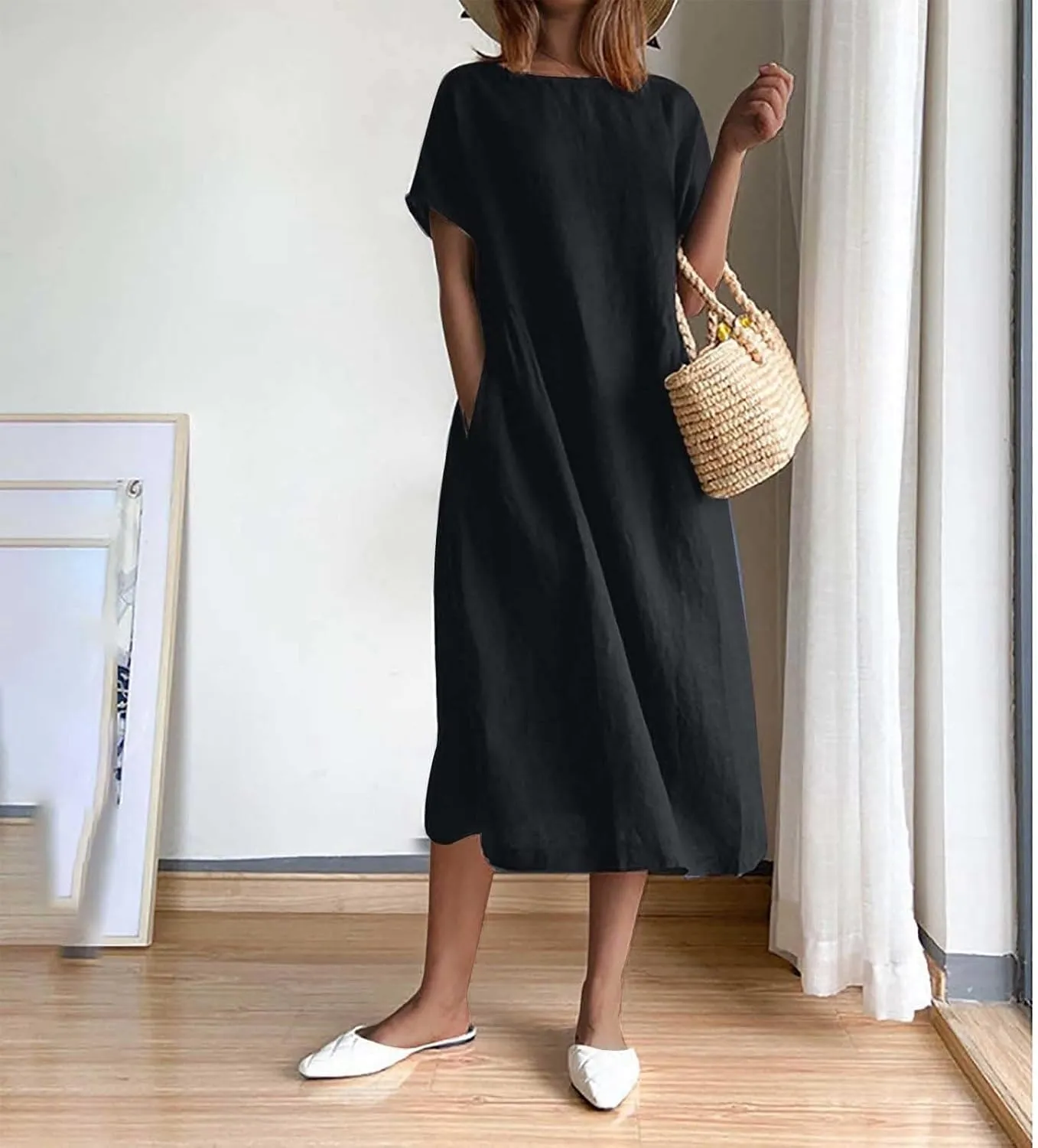 Beach Dresses for Women 2025 Vacation Summer Short Sleeve Cotton Linen Midi Dress Flowy Dresses Shirt Dress with Pocket