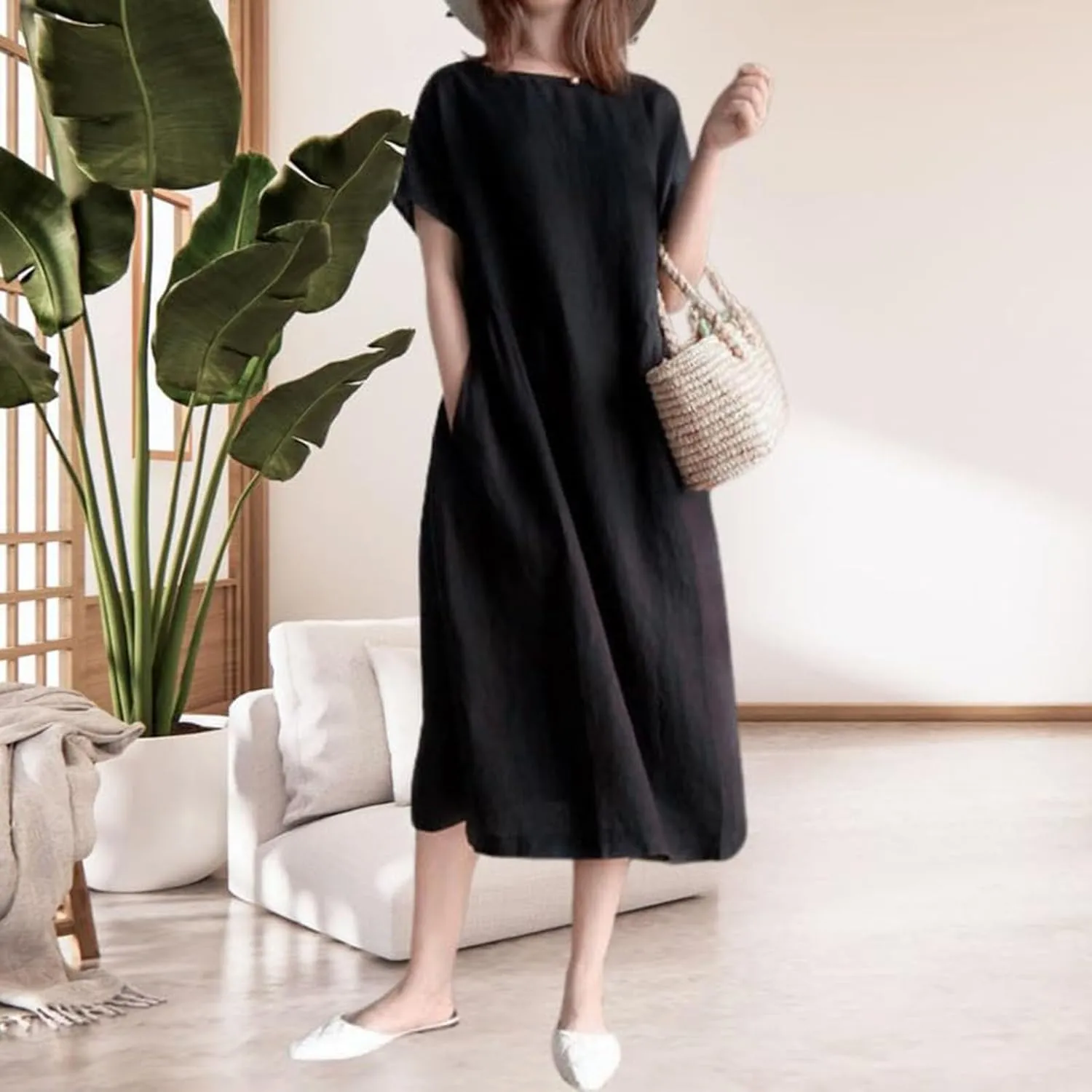 Beach Dresses for Women 2025 Vacation Summer Short Sleeve Cotton Linen Midi Dress Flowy Dresses Shirt Dress with Pocket