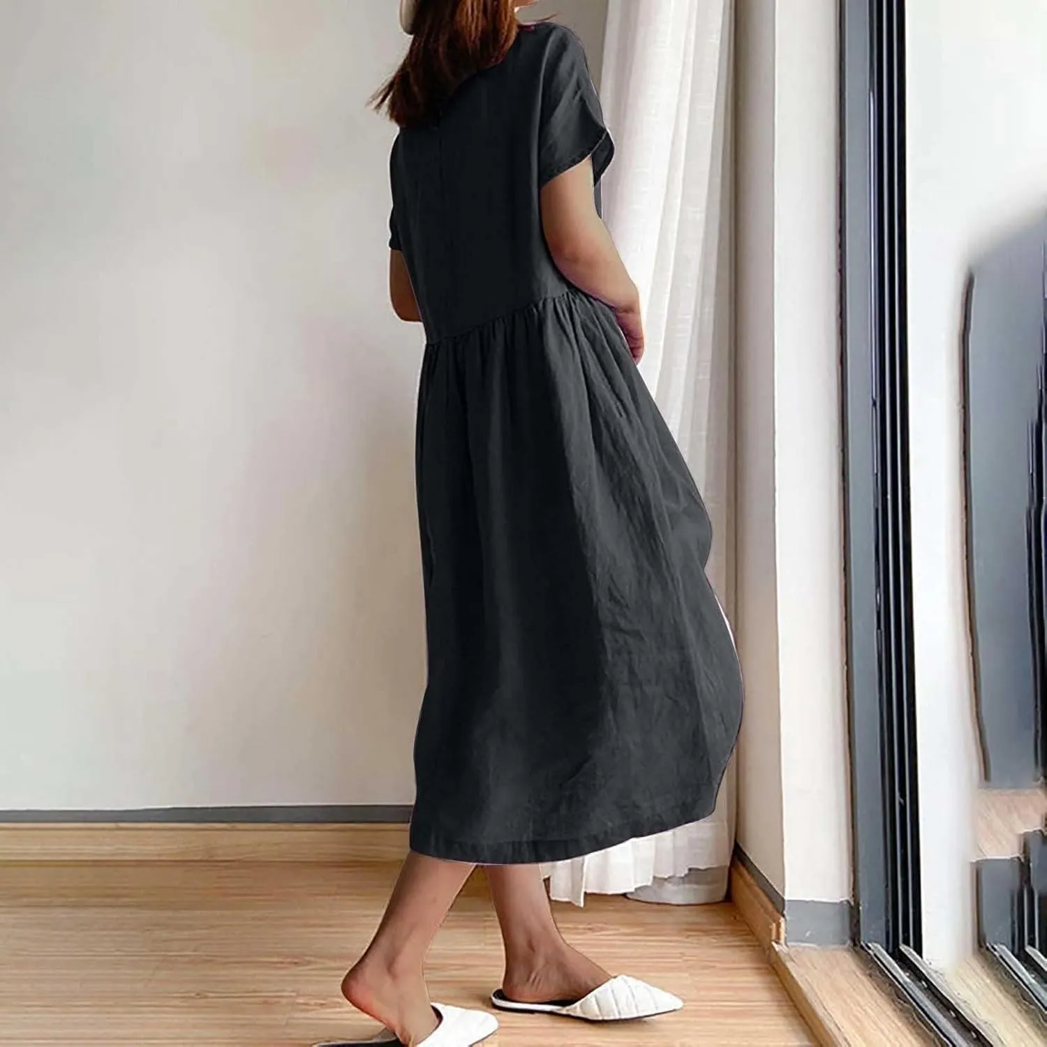 Beach Dresses for Women 2025 Vacation Summer Short Sleeve Cotton Linen Midi Dress Flowy Dresses Shirt Dress with Pocket