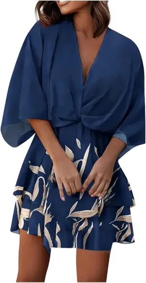 Beach Dresses for Women Vacation Short Batwing Sleeve V Neck Summer Trendy Dress Ruffle Boho Mini Sundress