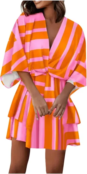 Beach Dresses for Women Vacation Short Batwing Sleeve V Neck Summer Trendy Dress Ruffle Boho Mini Sundress
