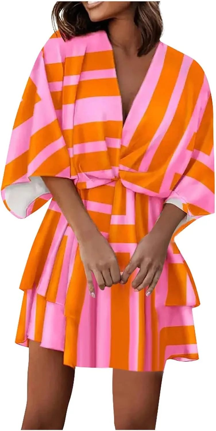 Beach Dresses for Women Vacation Short Batwing Sleeve V Neck Summer Trendy Dress Ruffle Boho Mini Sundress