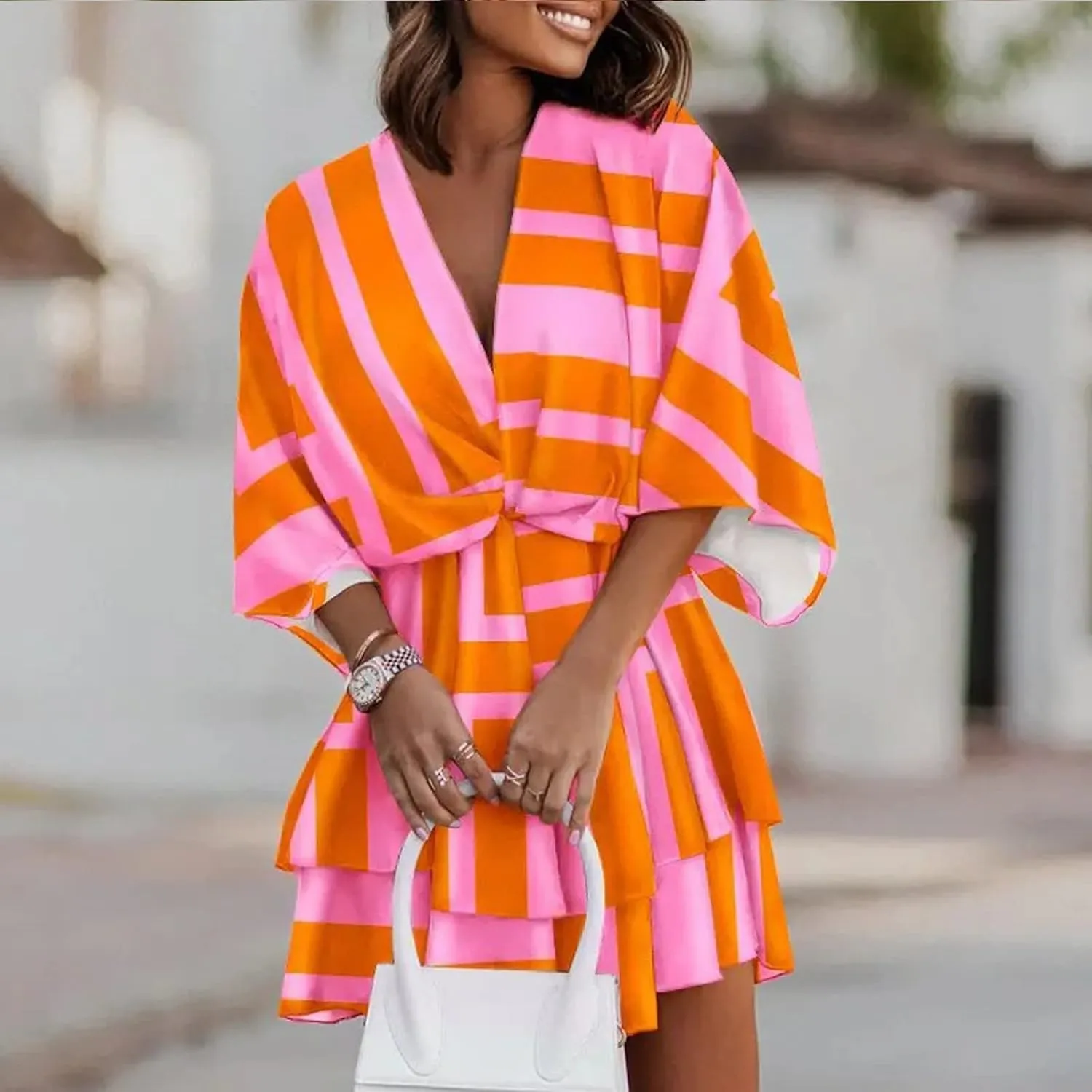 Beach Dresses for Women Vacation Short Batwing Sleeve V Neck Summer Trendy Dress Ruffle Boho Mini Sundress