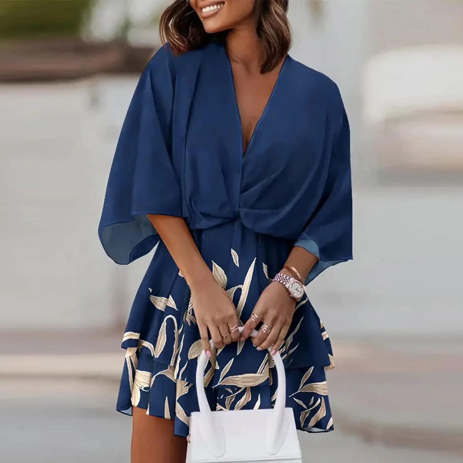 Beach Dresses for Women Vacation Short Batwing Sleeve V Neck Summer Trendy Dress Ruffle Boho Mini Sundress