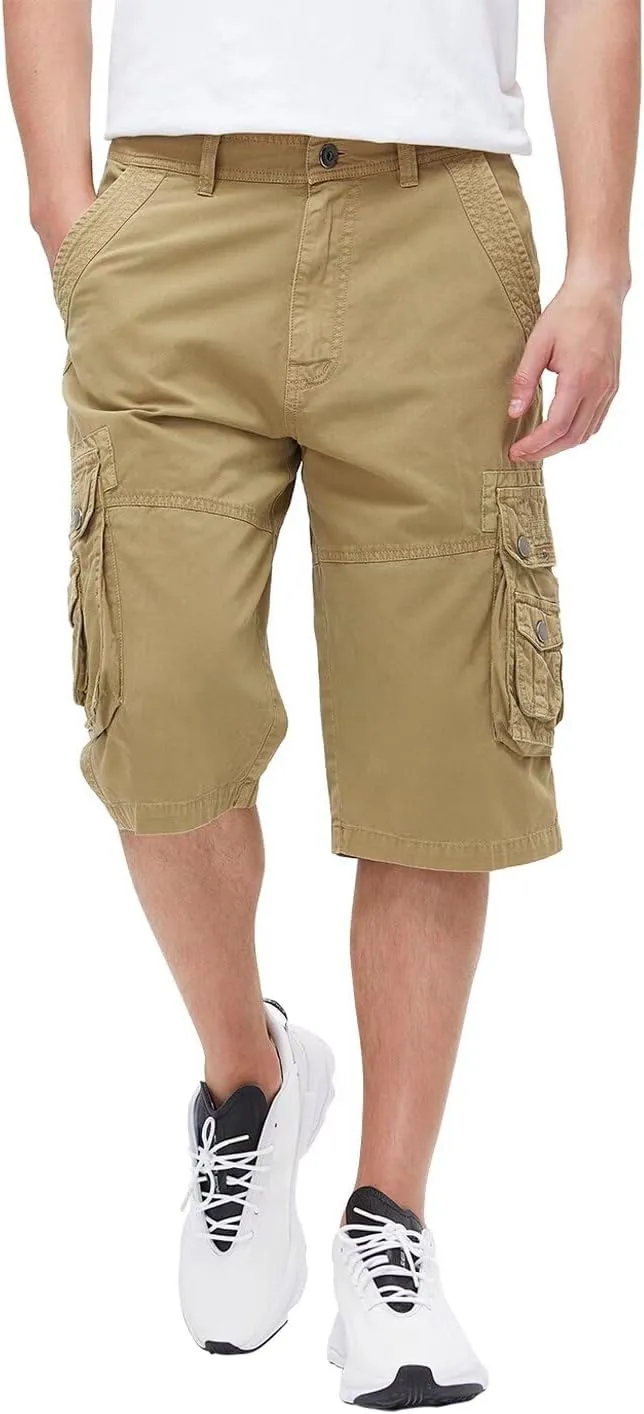BEST SOUTH Men's Capri Long Twill Cargo Shorts Below Knee 13 Inches Cotton Relaxed Fit Casual Multi-Pocket