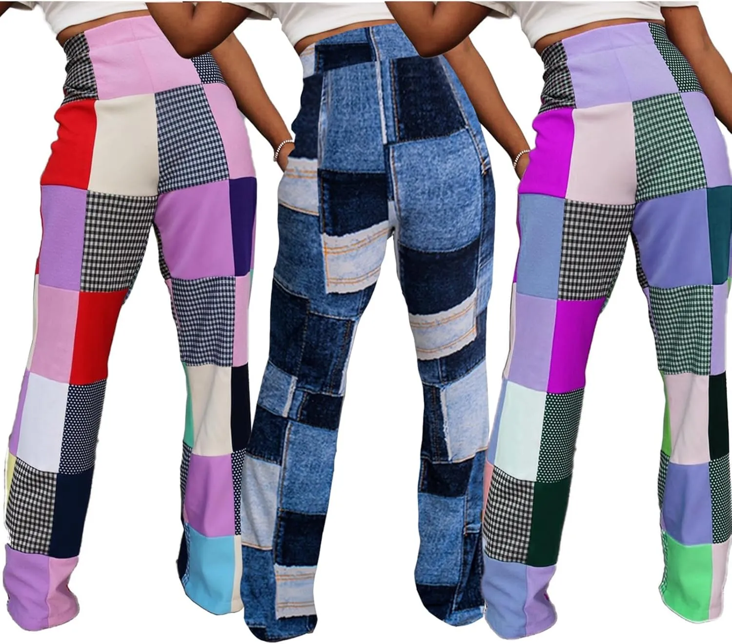 Bluewolfsea Women Flare Pants High Waisted Color Block Plaid Patchwork Bell Bottom Flare Leggings Yoga Pants