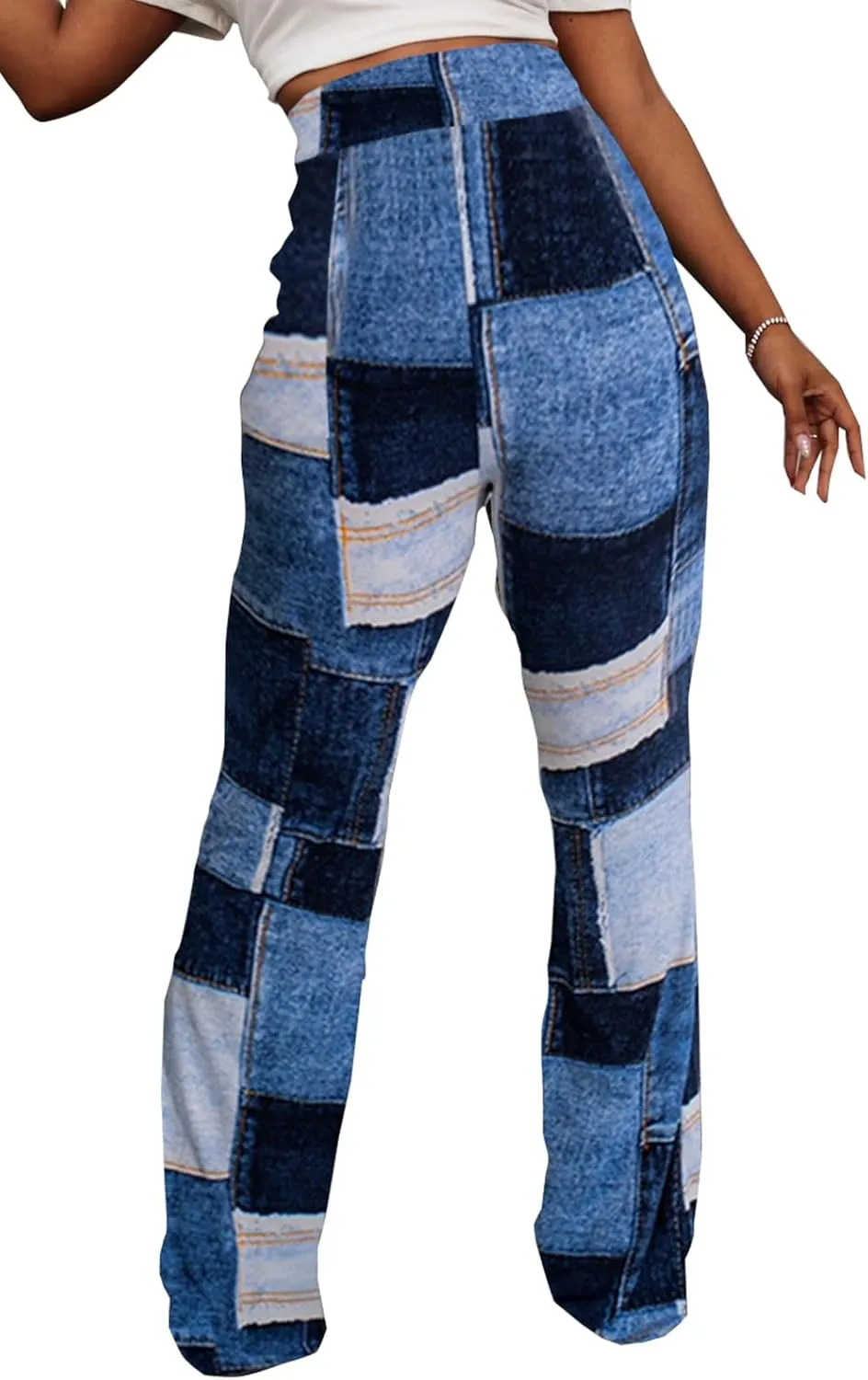 Bluewolfsea Women Flare Pants High Waisted Color Block Plaid Patchwork Bell Bottom Flare Leggings Yoga Pants
