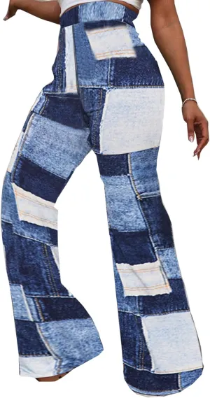 Bluewolfsea Women Flare Pants High Waisted Color Block Plaid Patchwork Bell Bottom Flare Leggings Yoga Pants