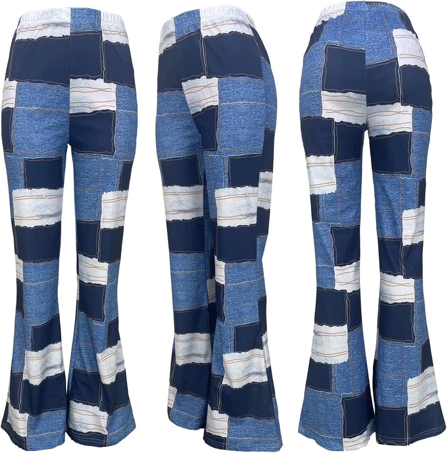 Bluewolfsea Women Flare Pants High Waisted Color Block Plaid Patchwork Bell Bottom Flare Leggings Yoga Pants