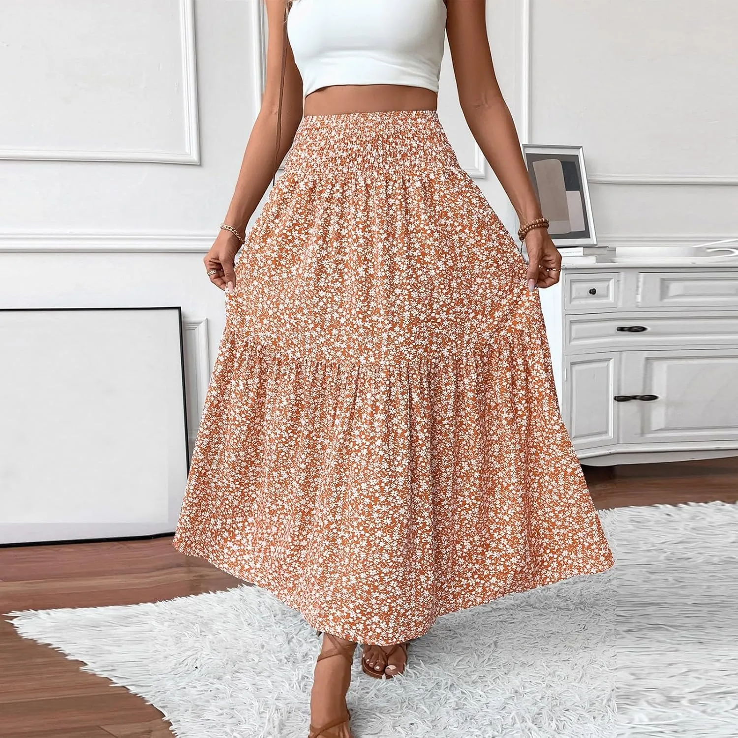 Bohemian Skirts for Women Trendy Country Floral Festival Smocked Beach Flutter Travel Elastic Waist Peasant Swing Skirts