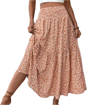 Bohemian Skirts for Women Trendy Country Floral Festival Smocked Beach Flutter Travel Elastic Waist Peasant Swing Skirts