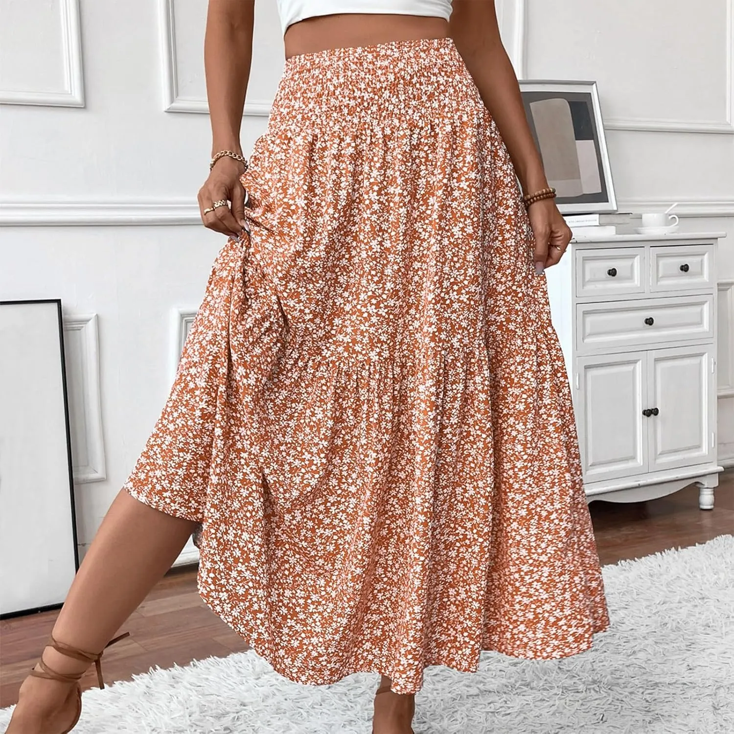 Bohemian Skirts for Women Trendy Country Floral Festival Smocked Beach Flutter Travel Elastic Waist Peasant Swing Skirts