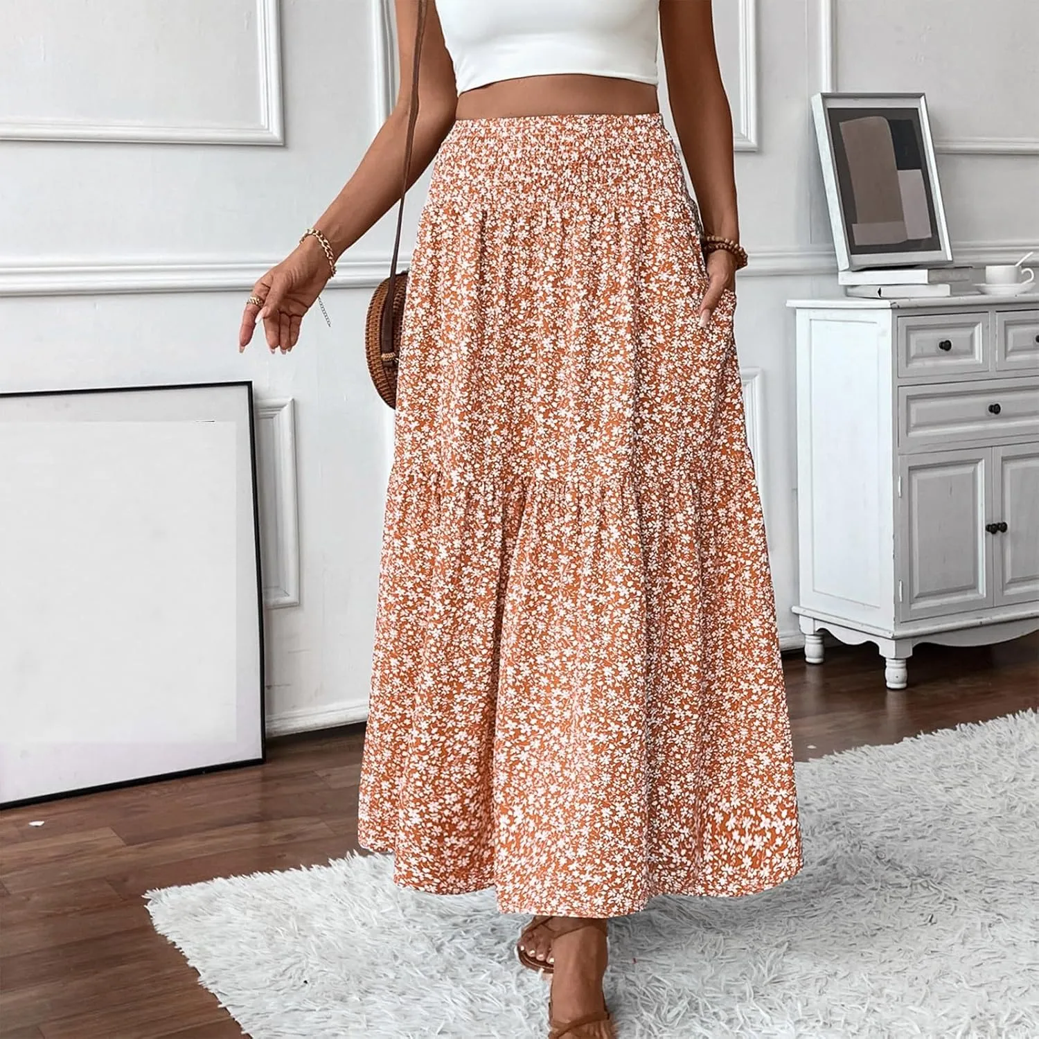 Bohemian Skirts for Women Trendy Country Floral Festival Smocked Beach Flutter Travel Elastic Waist Peasant Swing Skirts