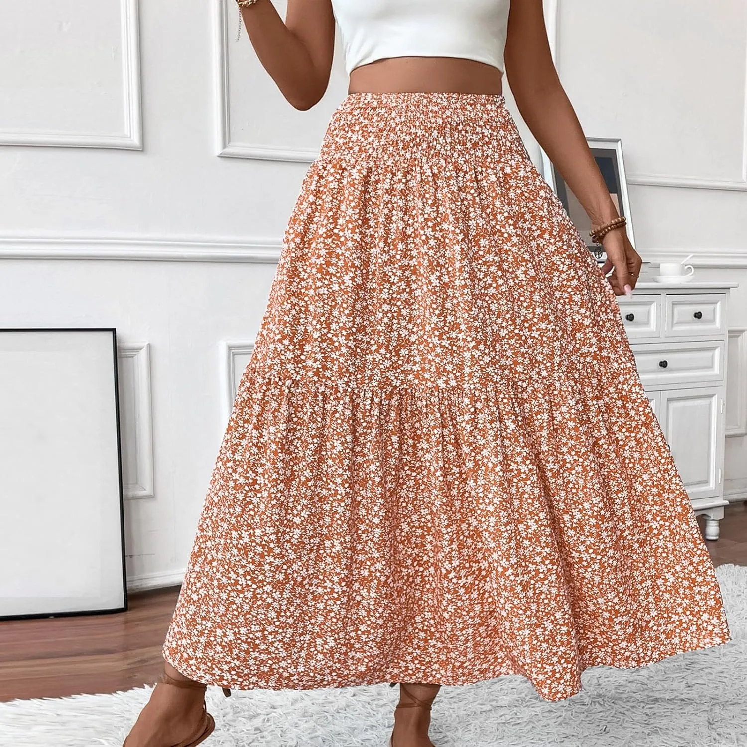 Bohemian Skirts for Women Trendy Country Floral Festival Smocked Beach Flutter Travel Elastic Waist Peasant Swing Skirts