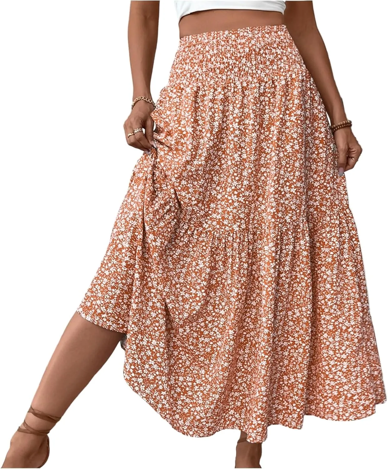 Bohemian Skirts for Women Trendy Country Floral Festival Smocked Beach Flutter Travel Elastic Waist Peasant Swing Skirts