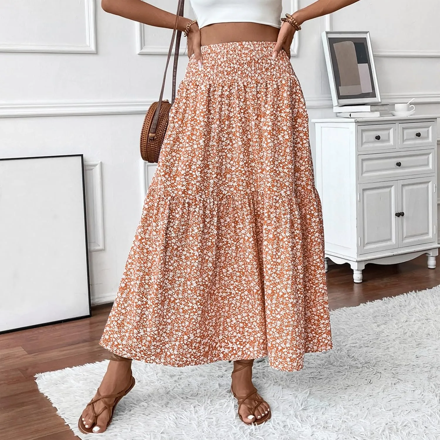 Bohemian Skirts for Women Trendy Country Floral Festival Smocked Beach Flutter Travel Elastic Waist Peasant Swing Skirts