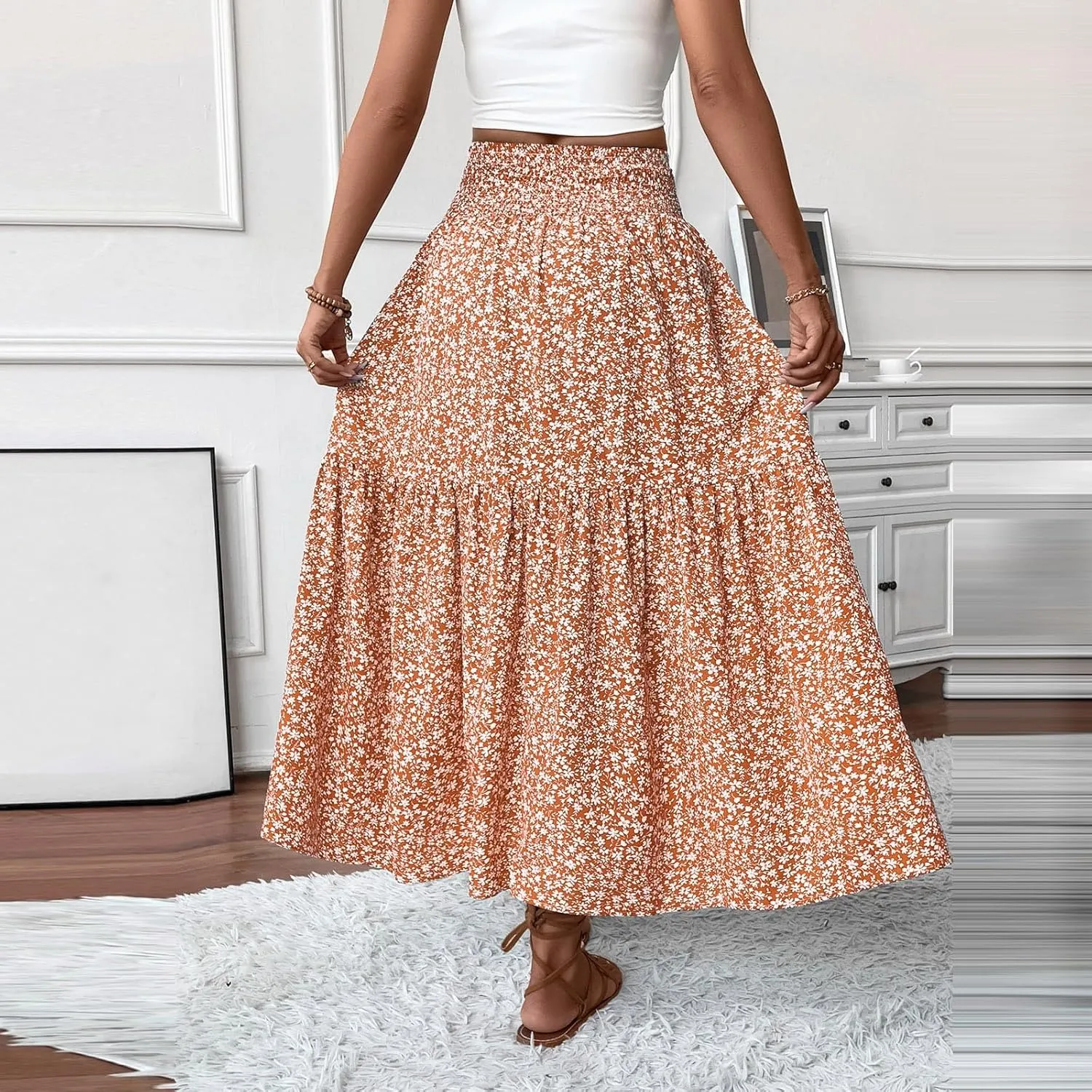 Bohemian Skirts for Women Trendy Country Floral Festival Smocked Beach Flutter Travel Elastic Waist Peasant Swing Skirts