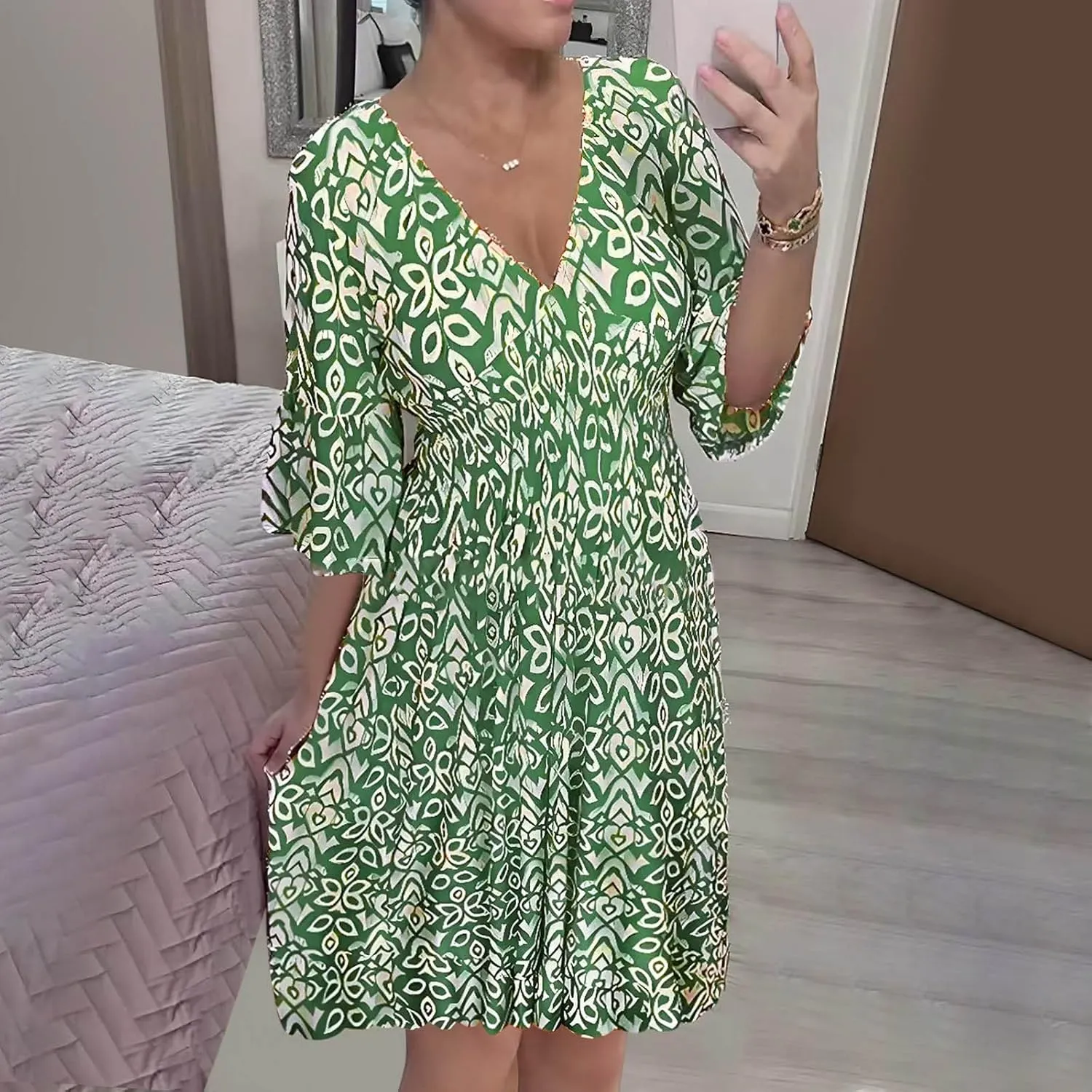 Bohemian Summer Dresses for Women 2024 Flowy 3/4 Sleeve V Neck Boho Floral Print Sun Dresses Trendy Vacation Clothes