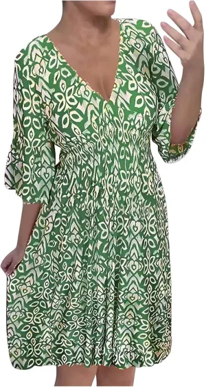 Bohemian Summer Dresses for Women 2024 Flowy 3/4 Sleeve V Neck Boho Floral Print Sun Dresses Trendy Vacation Clothes