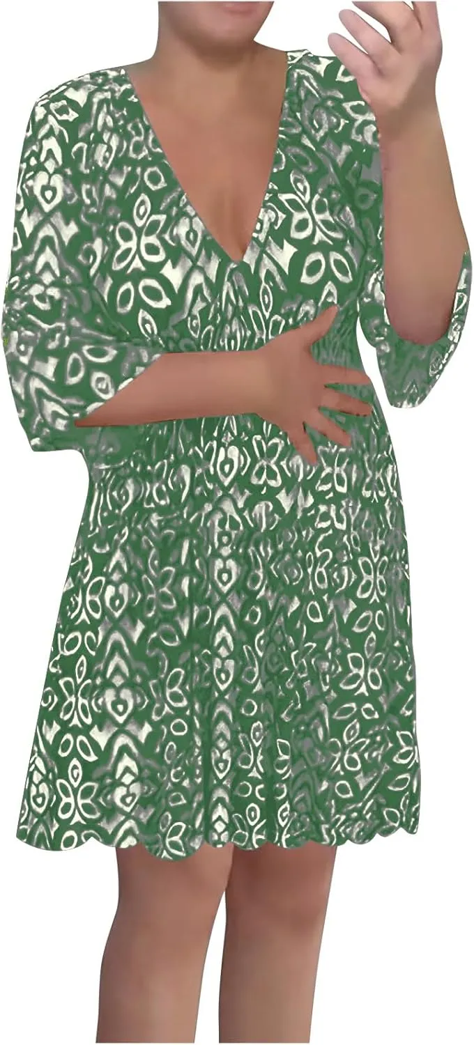 Bohemian Summer Dresses for Women 2024 Flowy 3/4 Sleeve V Neck Boho Floral Print Sun Dresses Trendy Vacation Clothes