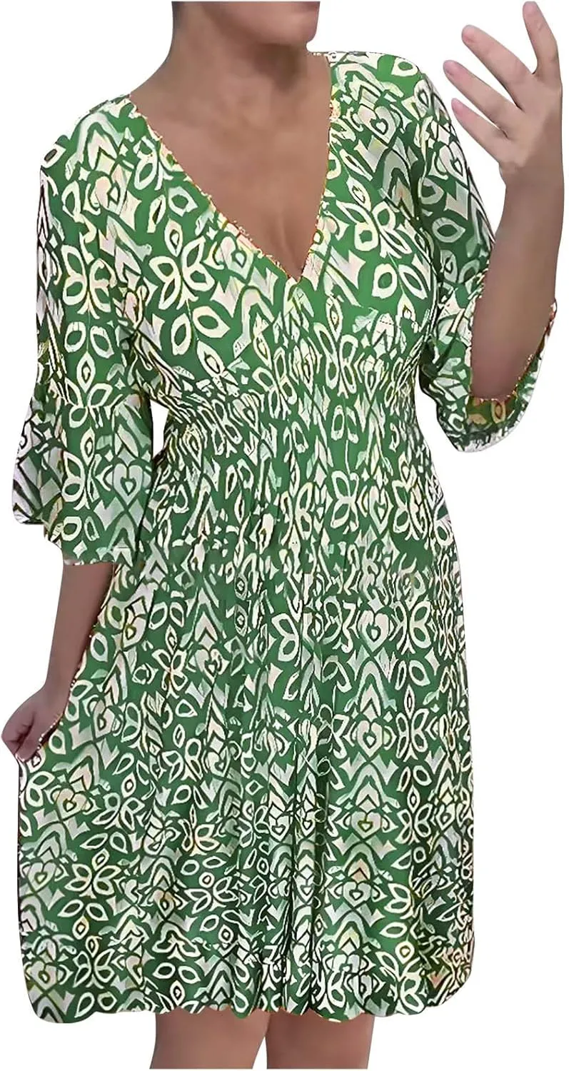 Bohemian Summer Dresses for Women 2024 Flowy 3/4 Sleeve V Neck Boho Floral Print Sun Dresses Trendy Vacation Clothes