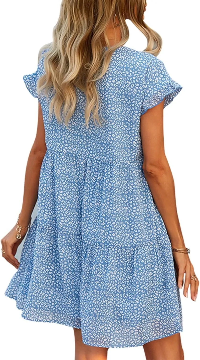 Boho Beach Dresses for Women Cute Floral V Neck Ruffle Sleeve Tiered Mini Dress Gift Boho Swimsuit Coverup for Women