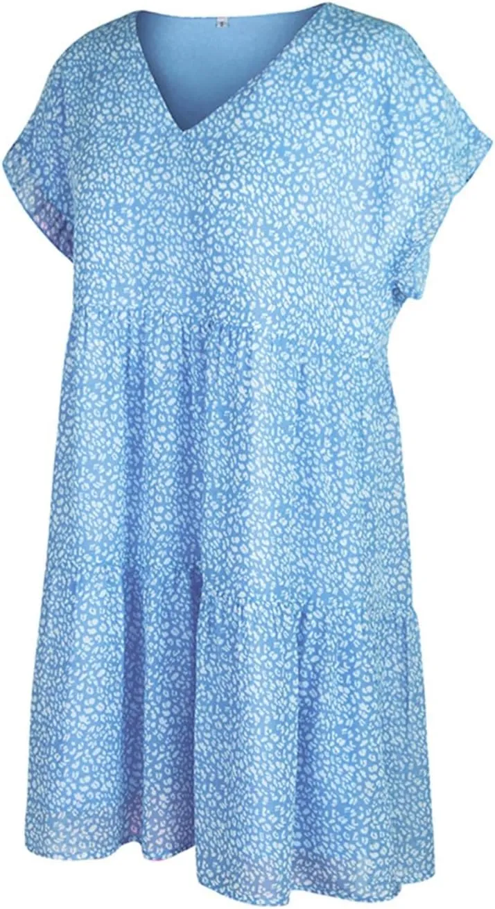 Boho Beach Dresses for Women Cute Floral V Neck Ruffle Sleeve Tiered Mini Dress Gift Boho Swimsuit Coverup for Women