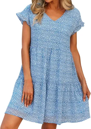 Boho Beach Dresses for Women Cute Floral V Neck Ruffle Sleeve Tiered Mini Dress Gift Boho Swimsuit Coverup for Women