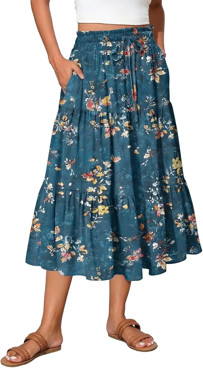 Boho Floral Midi Skirt for Women Summer Comfy Tiered Elastic High Waisted Vacation A-Line Flowy Swing Long