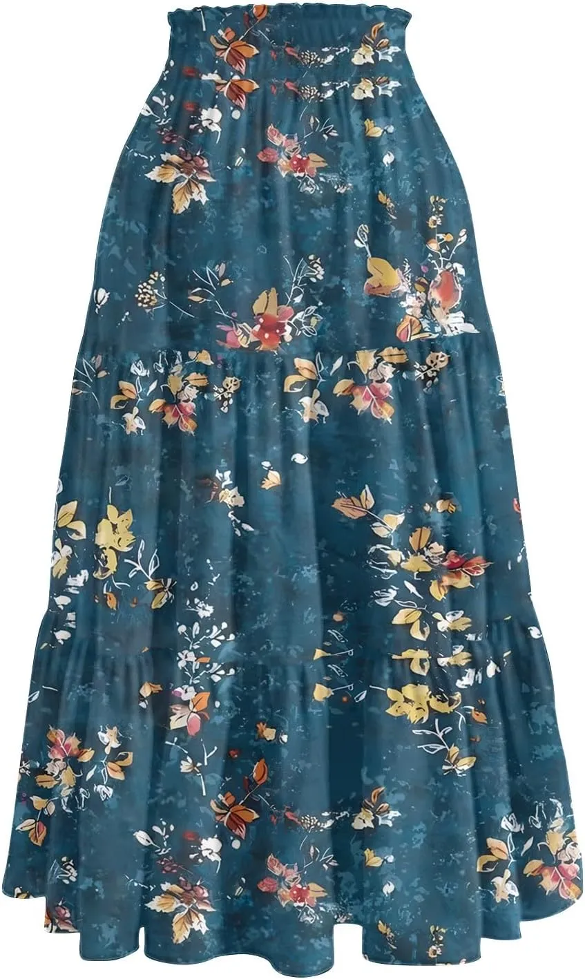 Boho Floral Midi Skirt for Women Summer Comfy Tiered Elastic High Waisted Vacation A-Line Flowy Swing Long