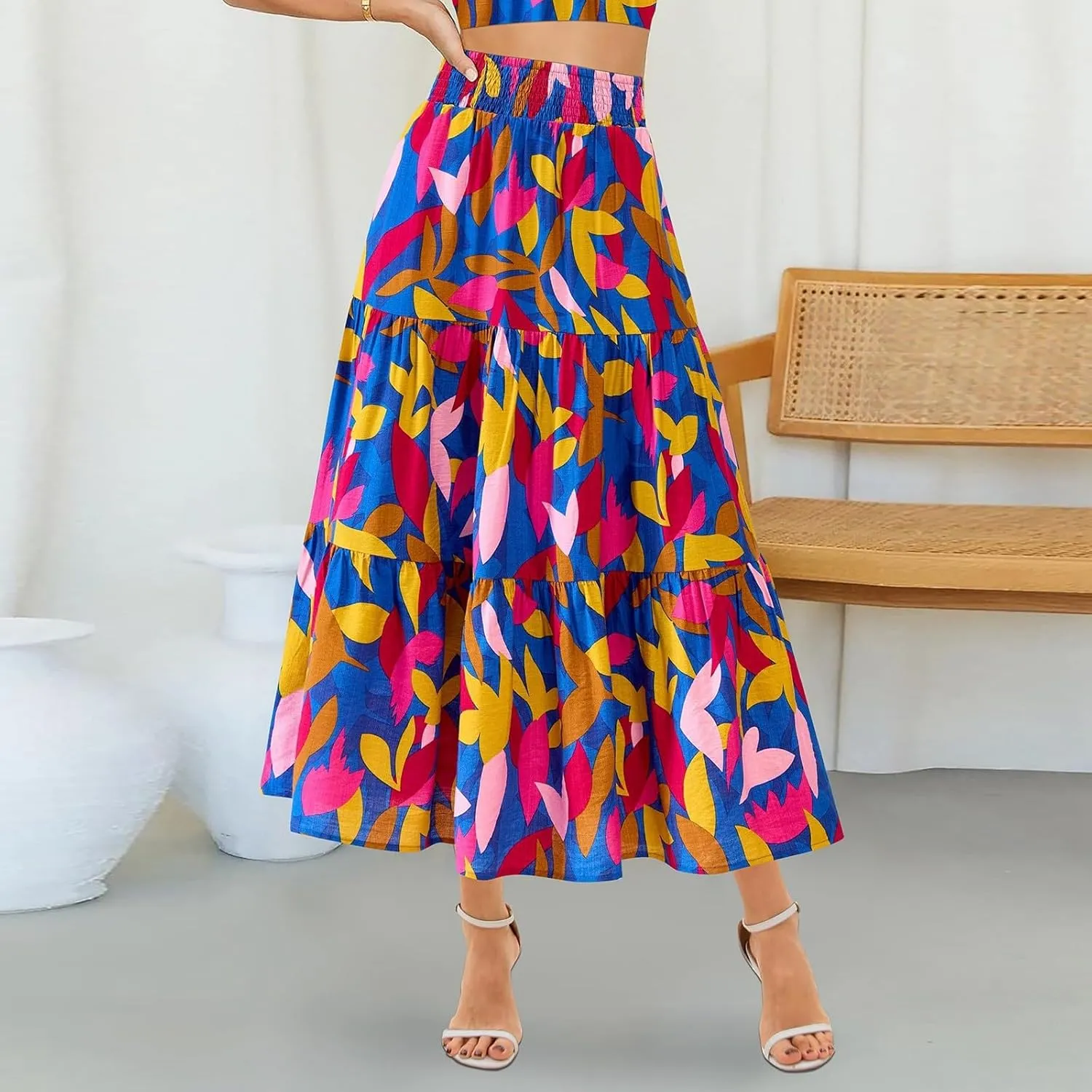 Boho Long Skirts for Women Trendy High Waisted Floral Maxi Skirt Casual Summer Flowy Tiered A Line Skirt Beach Outfit