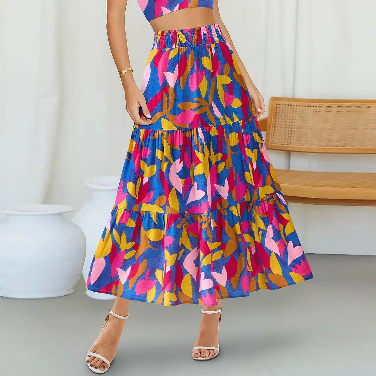 Boho Long Skirts for Women Trendy High Waisted Floral Maxi Skirt Casual Summer Flowy Tiered A Line Skirt Beach Outfit