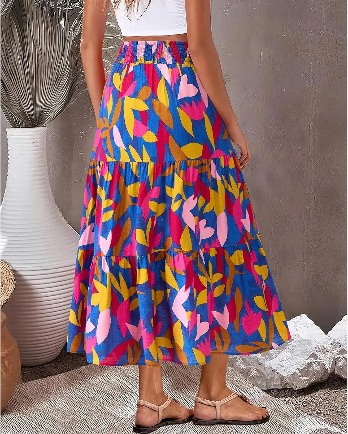 Boho Long Skirts for Women Trendy High Waisted Floral Maxi Skirt Casual Summer Flowy Tiered A Line Skirt Beach Outfit