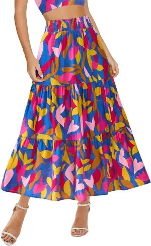 Boho Long Skirts for Women Trendy High Waisted Floral Maxi Skirt Casual Summer Flowy Tiered A Line Skirt Beach Outfit