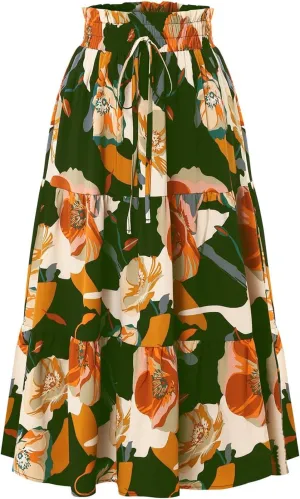 Boho Maxi Skirts for Women Drawstring Waist Tiered Ruffle Long Floral Skirt Bohemian Dressy Casual A Line Flowy Skirt