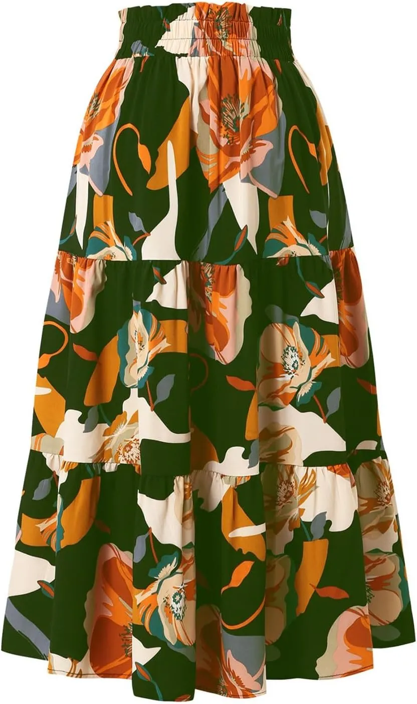 Boho Maxi Skirts for Women Drawstring Waist Tiered Ruffle Long Floral Skirt Bohemian Dressy Casual A Line Flowy Skirt