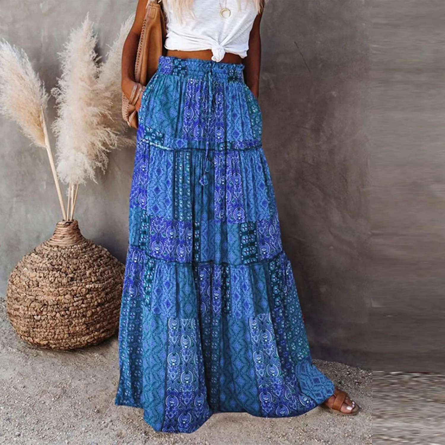 Boho Skirts for Women 2025 Summer Flowy High Waist A Line Pleated Maxi Skirts Elegant Floral Beach Outfits