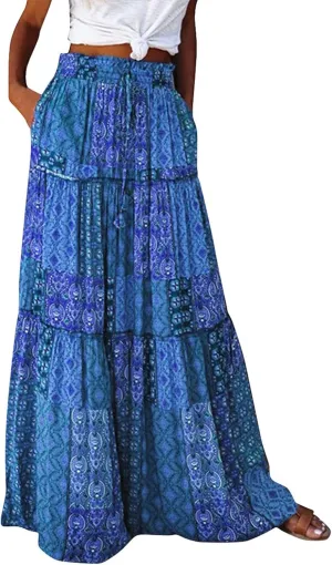 Boho Skirts for Women 2025 Summer Flowy High Waist A Line Pleated Maxi Skirts Elegant Floral Beach Outfits