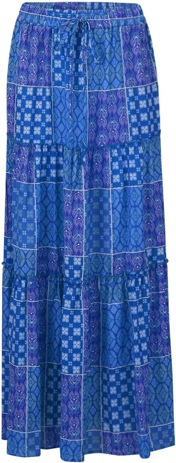 Boho Skirts for Women 2025 Summer Flowy High Waist A Line Pleated Maxi Skirts Elegant Floral Beach Outfits