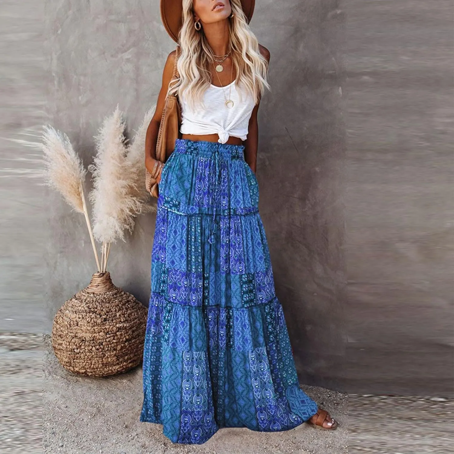 Boho Skirts for Women 2025 Summer Flowy High Waist A Line Pleated Maxi Skirts Elegant Floral Beach Outfits