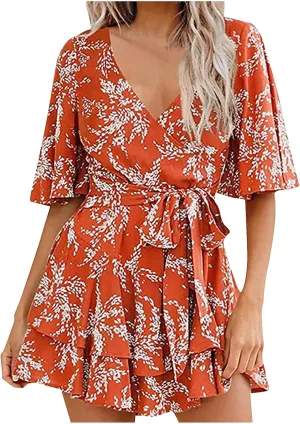 Boho Vacation Dresses for Women Summer 2024 Cocktail Casual Short Sleeve Wrap V Neck Tie Waisted Ruffle Layered Mini Dresses